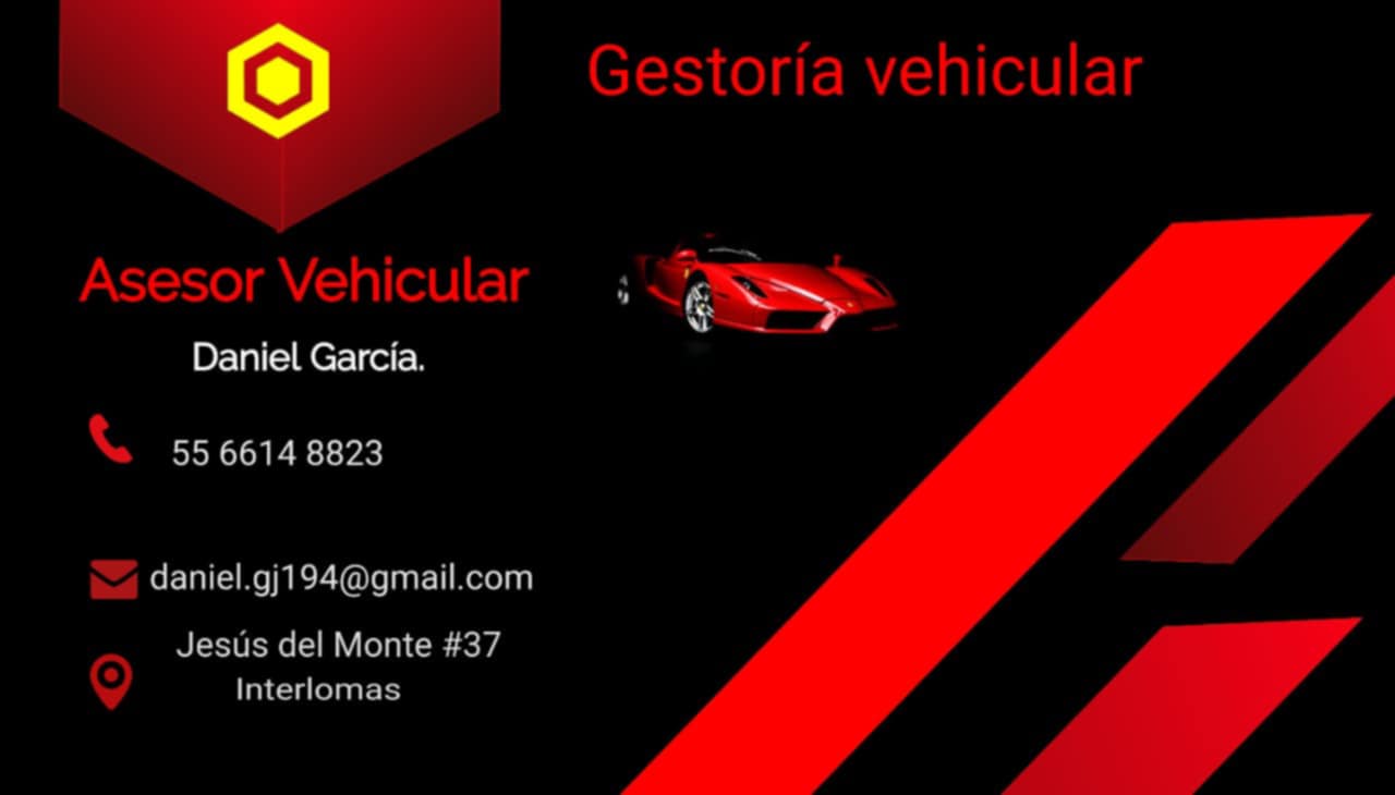 Tarjeta de presentación de la gestoría vehicular con datos de contacto de Daniel García