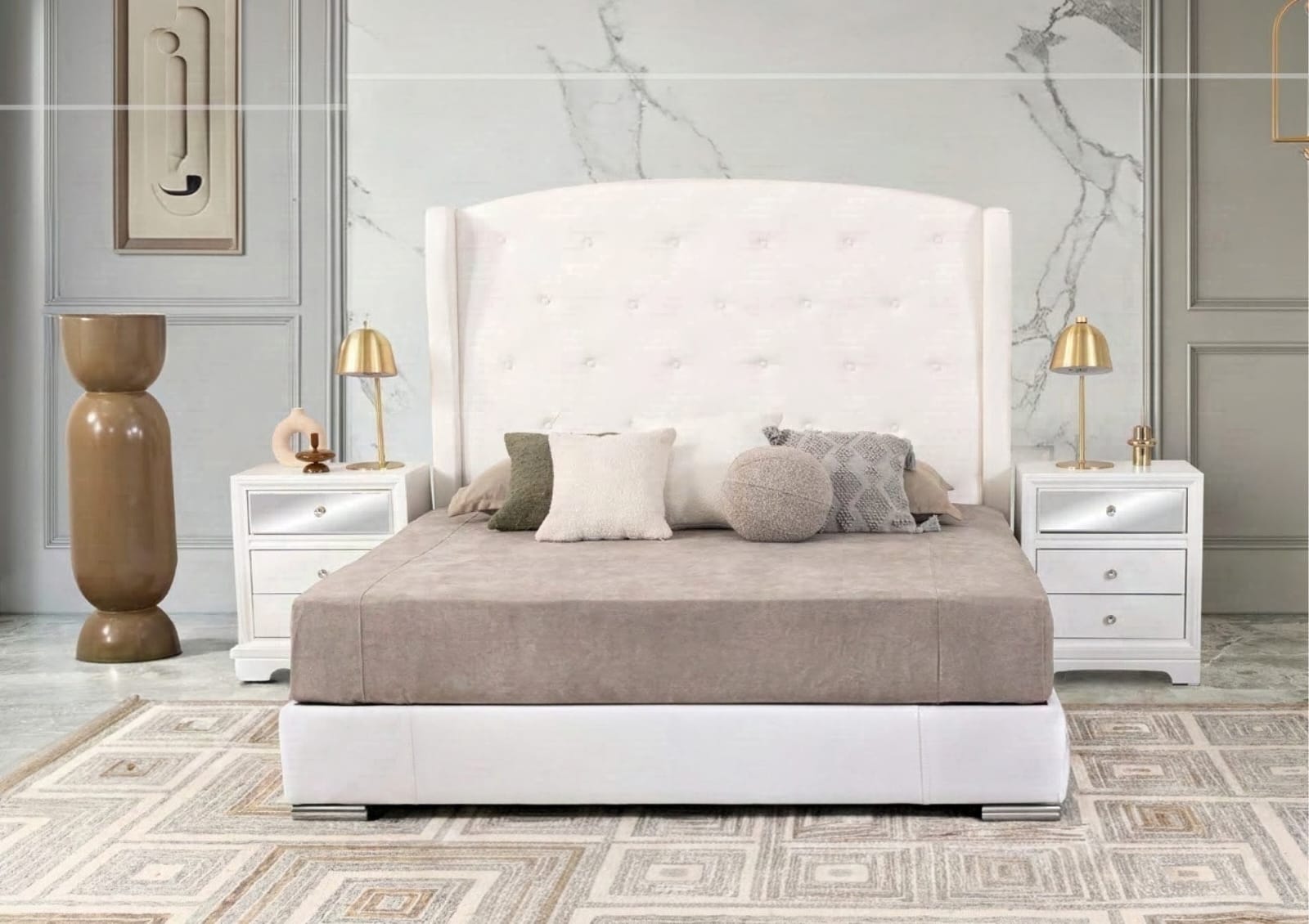 Base y cabecera estilo clásico capitonado en blanco hueso