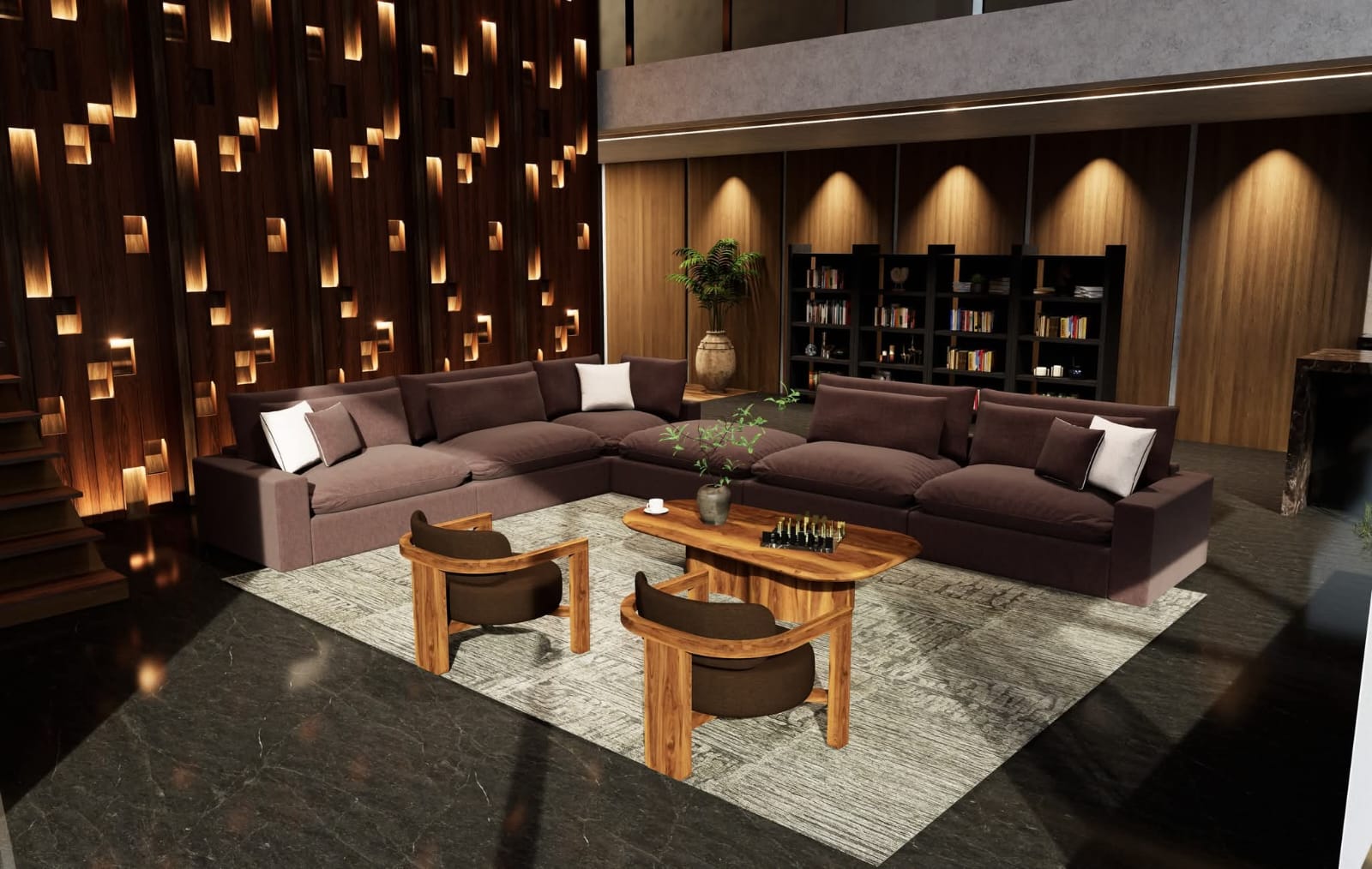 Sala esquinera sobre diseño en tonos chocolate